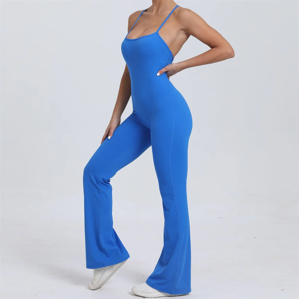 2024 Back V Gym Women Training Sportswear Yoga Set Flare Legging One Piece Jumpsuit Fitness Rompers Scrunch Workout Active Suit