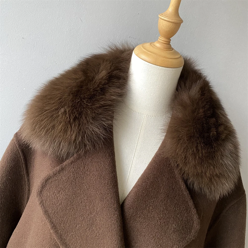 Jxwatcher Doppelseitiger Wollmantel mit echtem Pelzkragen 2025, Herbst, zweireihige braune Wolljacke für Damen, Winter, neu in Oberbekleidung