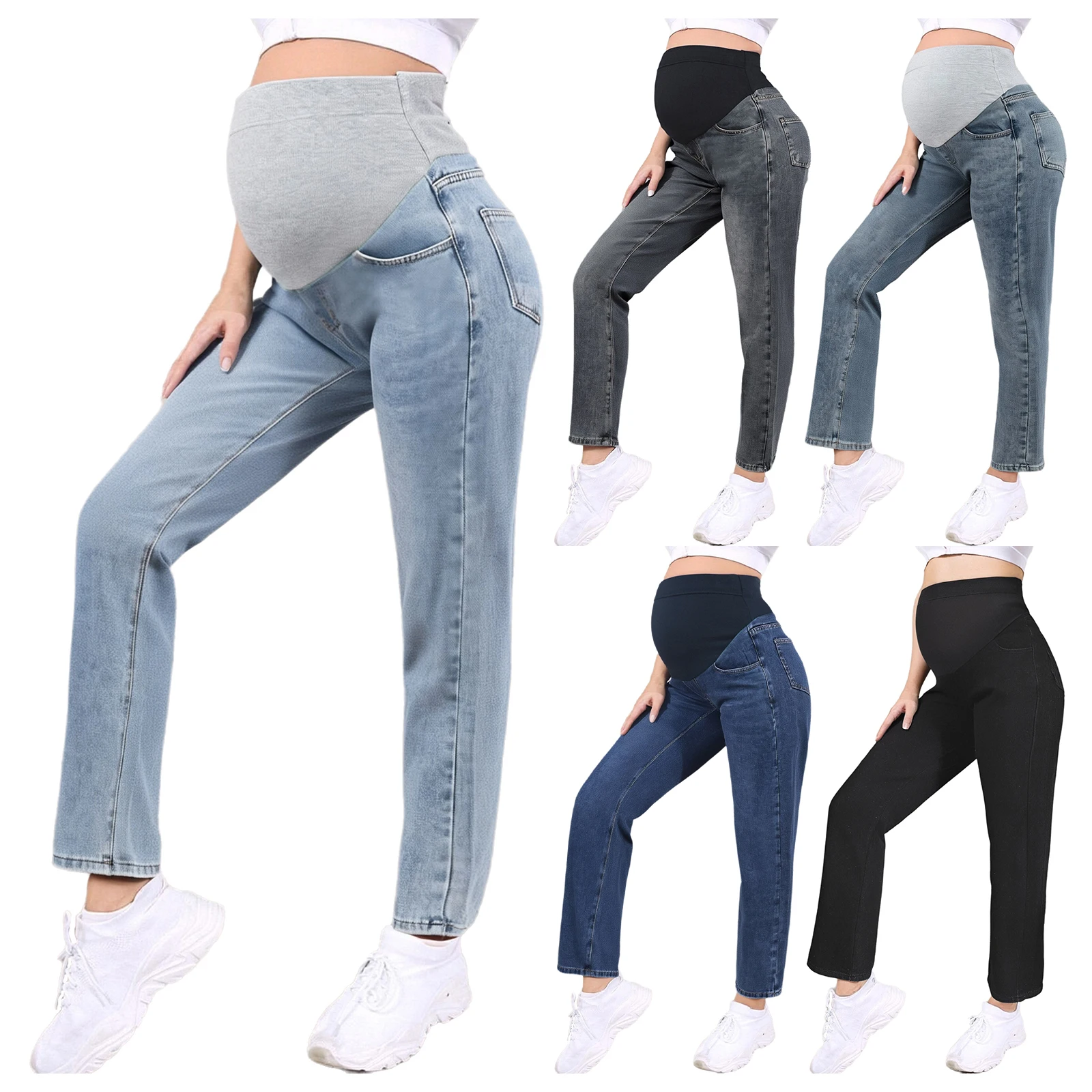 الأمومة الجينز النساء الحوامل الملابس عالية الخصر واسعة الساق الدنيم السراويل مع جيوب البطن دعم السراويل العمل لباس غير رسمي #5