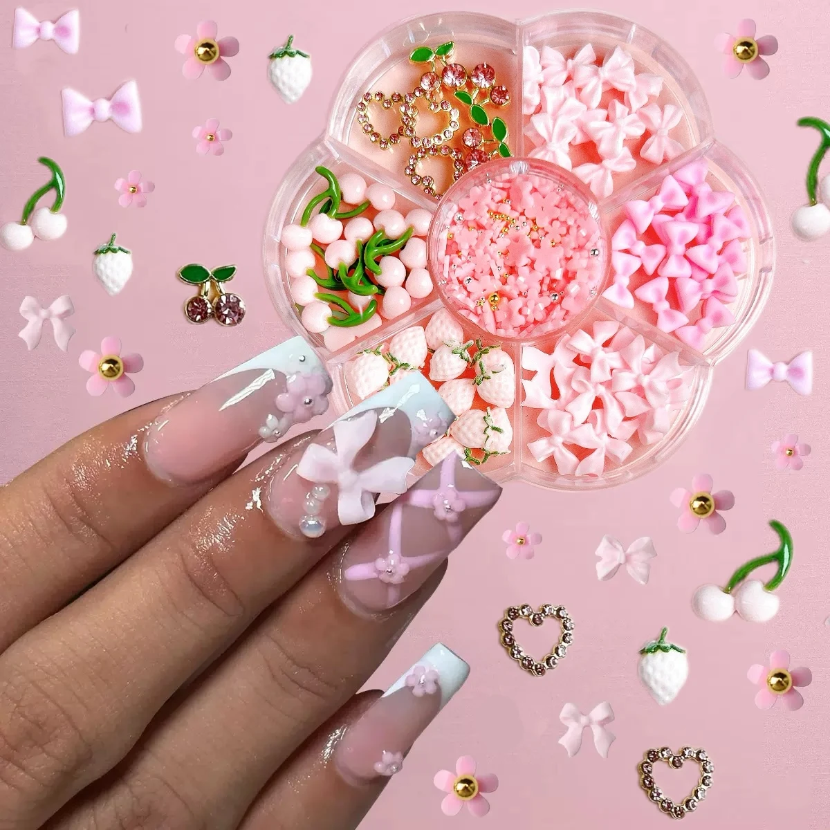 1Box 3D Hollowed-out Heart Alloy Nail Art Charms Creative Cherry Strawberry Mini Steel Ball Mixed Nail Decorations DIY Nail Sets