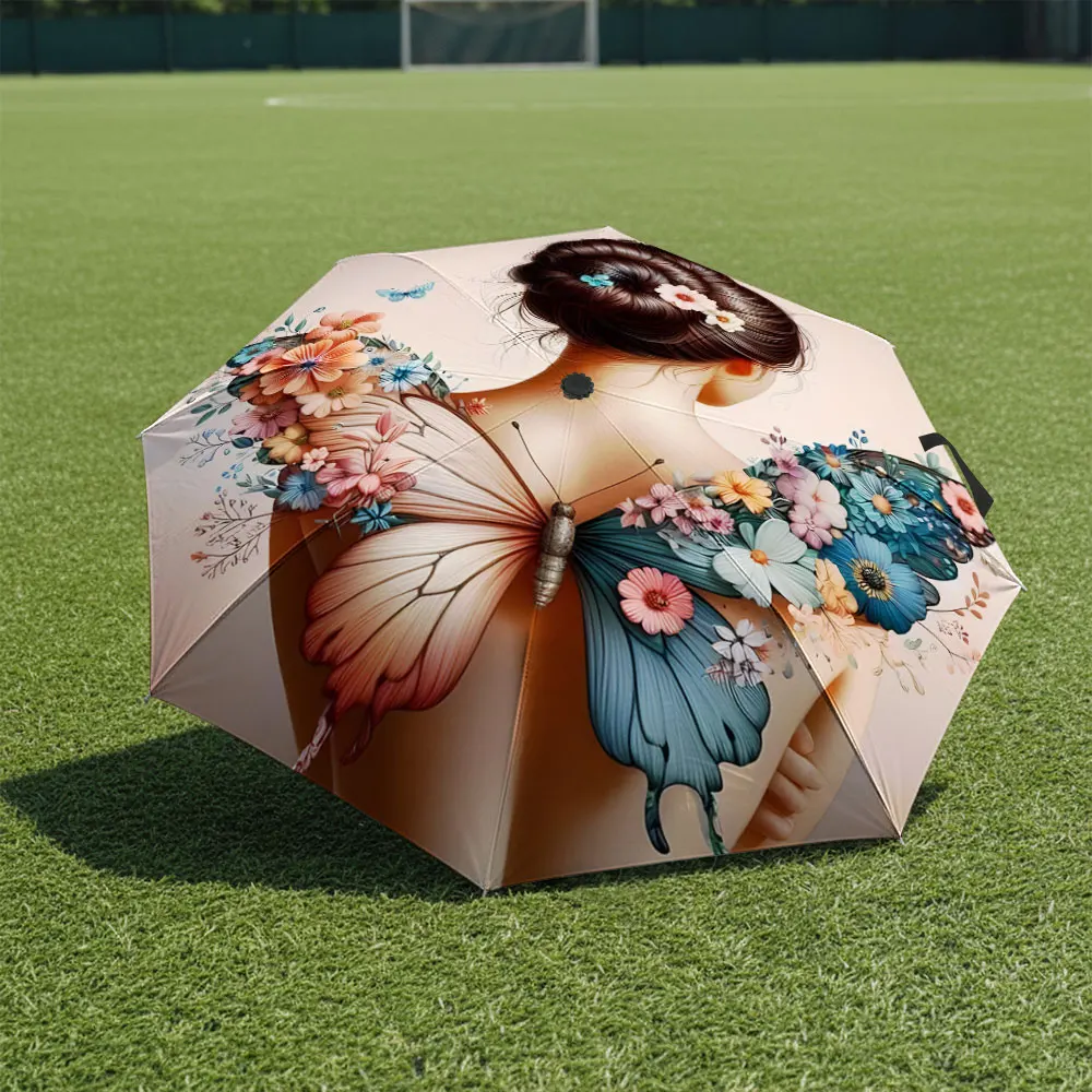 1P C Butterfly and Flowers Art Umbrella with Elegant Design Print 8 Iron Ribs Folding Umbrella Auto-Open Fashion Sunshade