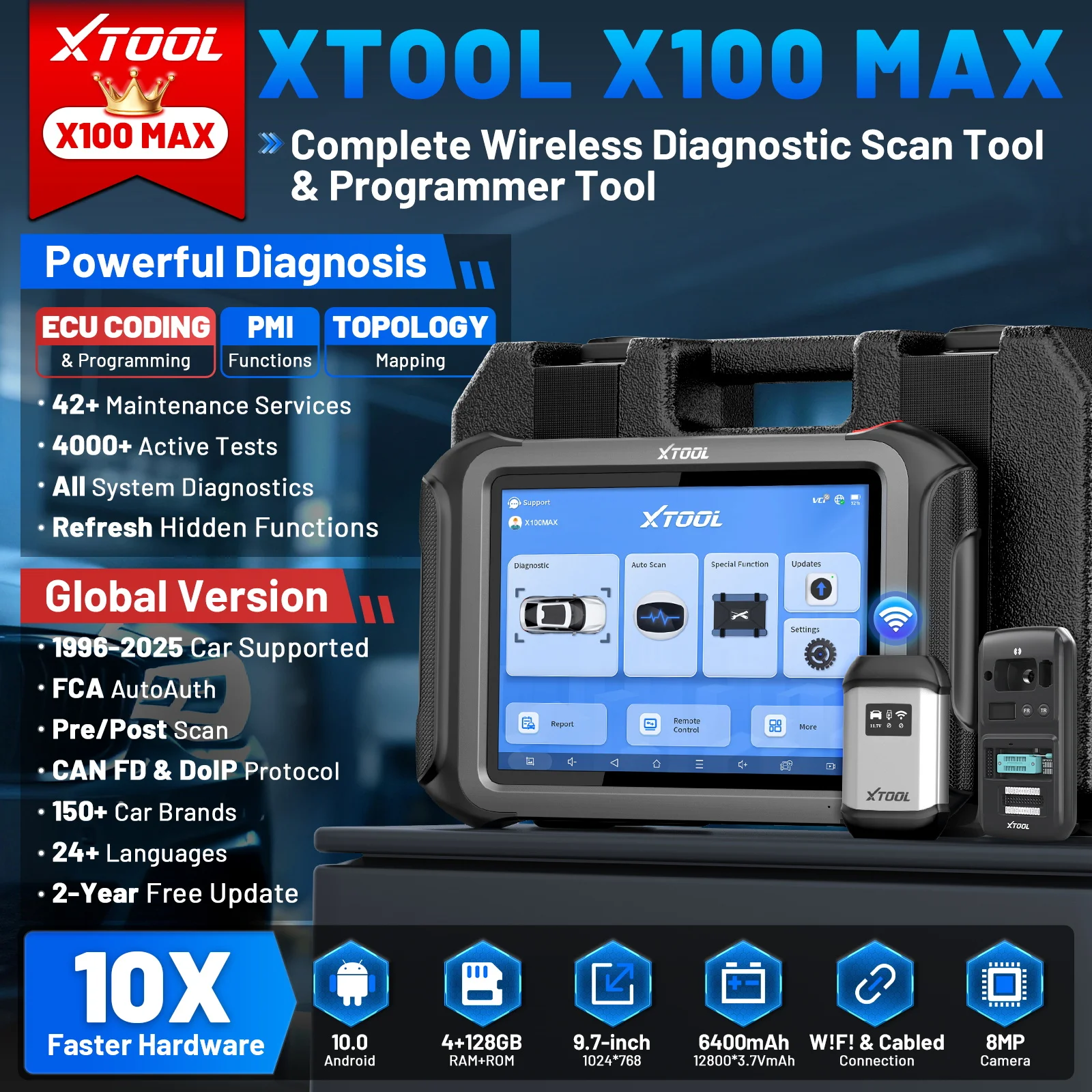 أداة برمجة المفاتيح XTOOL X100 MAX V2.0 ماسح ضوئي تشخيصي للسيارات لمدة عامين تحديث مجاني مع مبرمج مفاتيح KC501