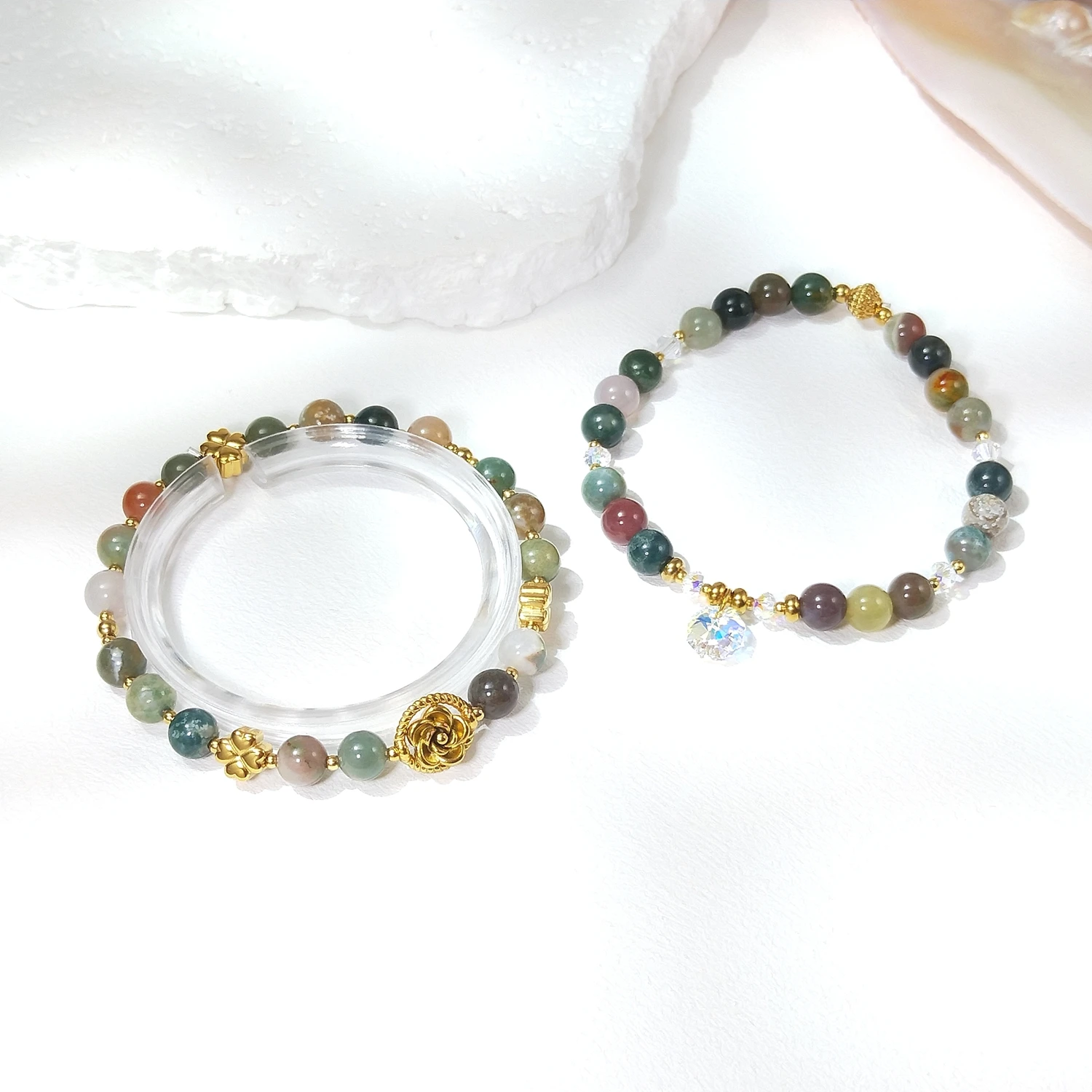 

Lii Ji Natural India Agate 6/8mm Gold Stainless Steel Elastic Bracelet