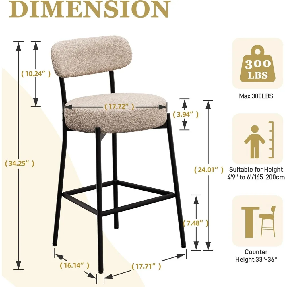 Bar Stools , 24 Inches Boucle Barstools Counter Height Barstool with Curved Back Metal Legs, Modern Upholstered Barstools