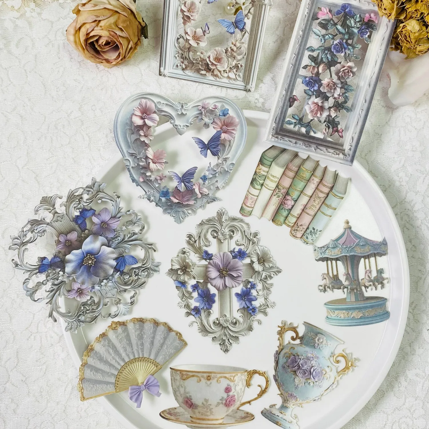 Journamm 10 أوراق ورق مجوف مواد ديكور مجموعة عتيقة ملصقات سجل القصاصات إطار زهرة مجوف ملصقات كتيب مجمعة #3