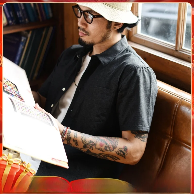 

Summer Men's Casual irt ort Sve Retro id Pattern Sauce Zhan Dipped Sause irt Stand Fit Youth Trend