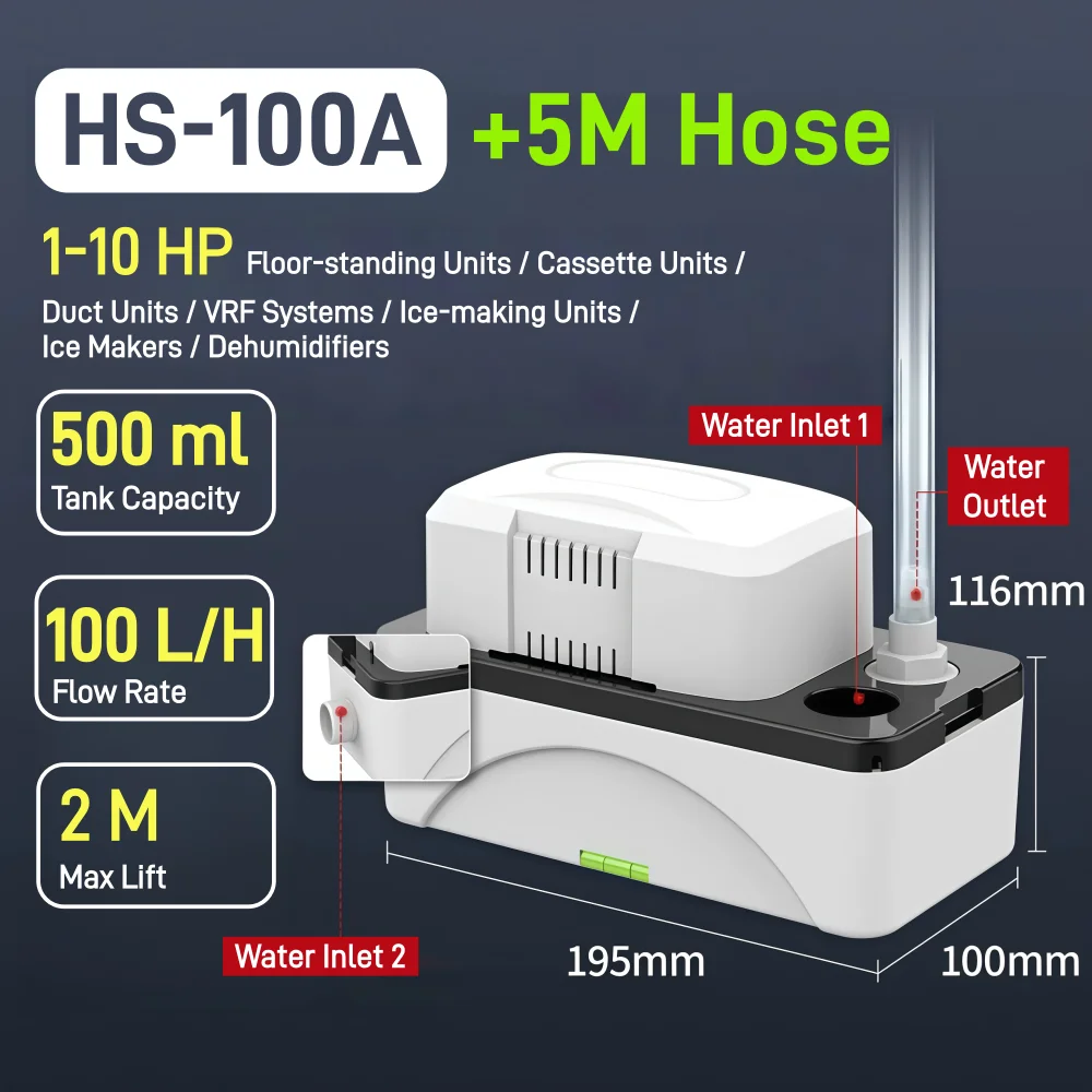 1-10 HP Condensate Pump Automatic HVAC Lift Removal Drain 100L/H with 500ml for Dehumidifier 100‑230V HVAC Condensate Pump