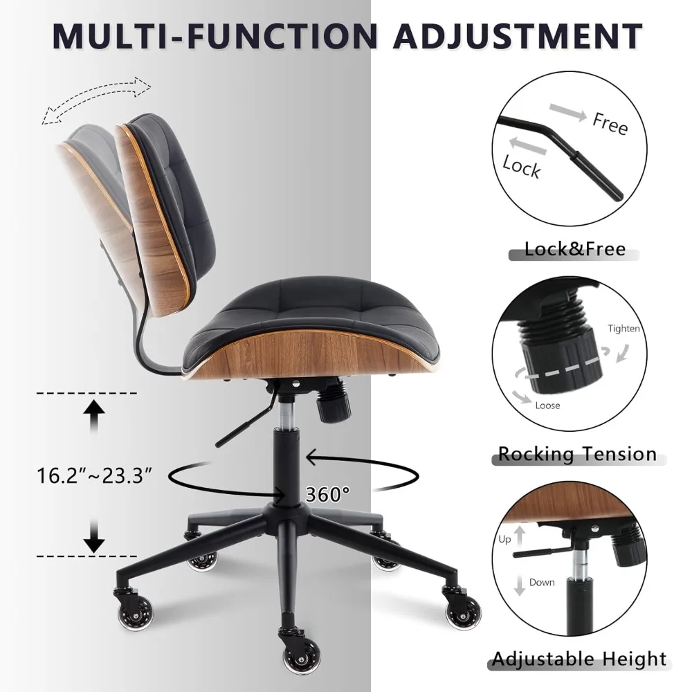 

Home Office Desk Chair with Wheels, Adjustable Height Armless Office Chair, PU Leather Mid Back 360° Small Computer, Customized