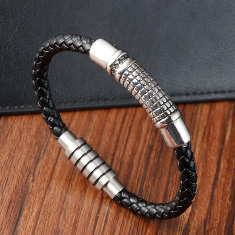 Luxury Vintage Handmade Leather Braid Men Bracelet Stainless Steel Buckle Business Men\'s Bangles For Friend Partner Lovers Gift