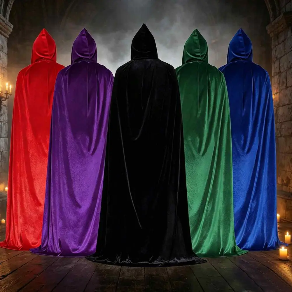 Unisex Adults Hooded Cloak Velvet Vampire Wizard Cape, Renaissance Medieval Halloween Costume for Witch Cosplay Masquerade Party - view 5