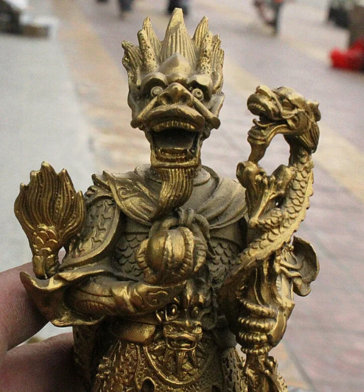 Folk Chinese Feng Shui Brass Ancient Myth Dragon King Immortal God Stand Statue