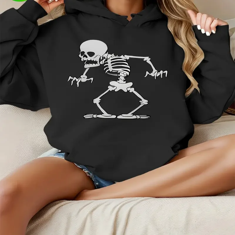 

Halloween Skeleton Dancing Hoodie Retro Cartoon Graphic Pullover Adjustable Drawstring Soft Long Sleeve Casual Sweatshirt