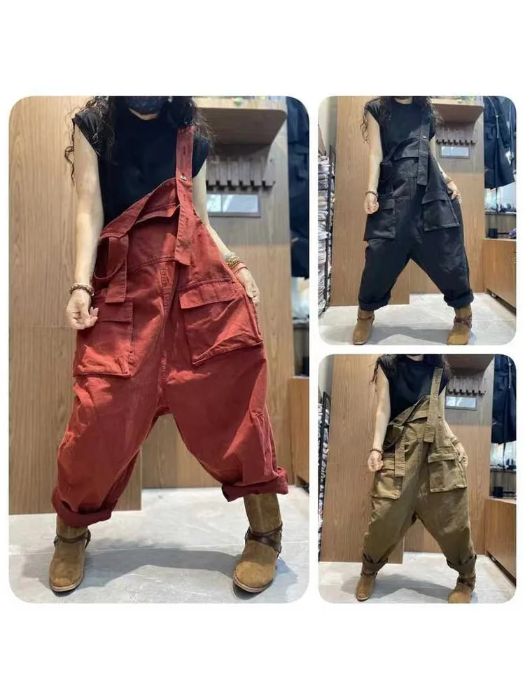 Casual Vintage Women's Denim Overalls Multicolor Large kets High Waist Cotton Trousers Faionable All-Match Ladies Pants