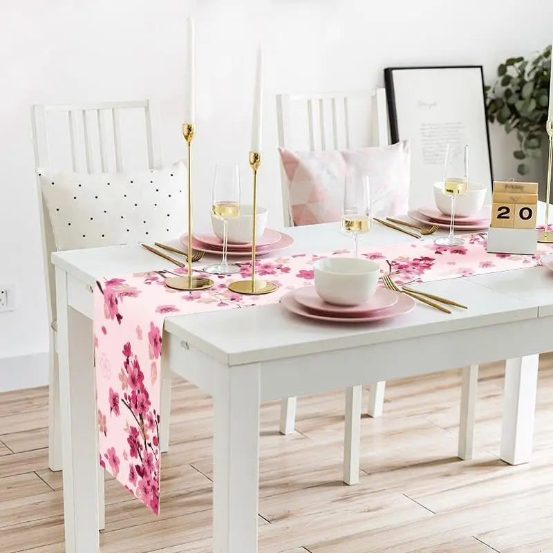 Spring Cherry Blossom Linen Table Runners Summer Farmhouse Wedding Party Decor Holiday Banquet Kitchen Dining Table Decorations