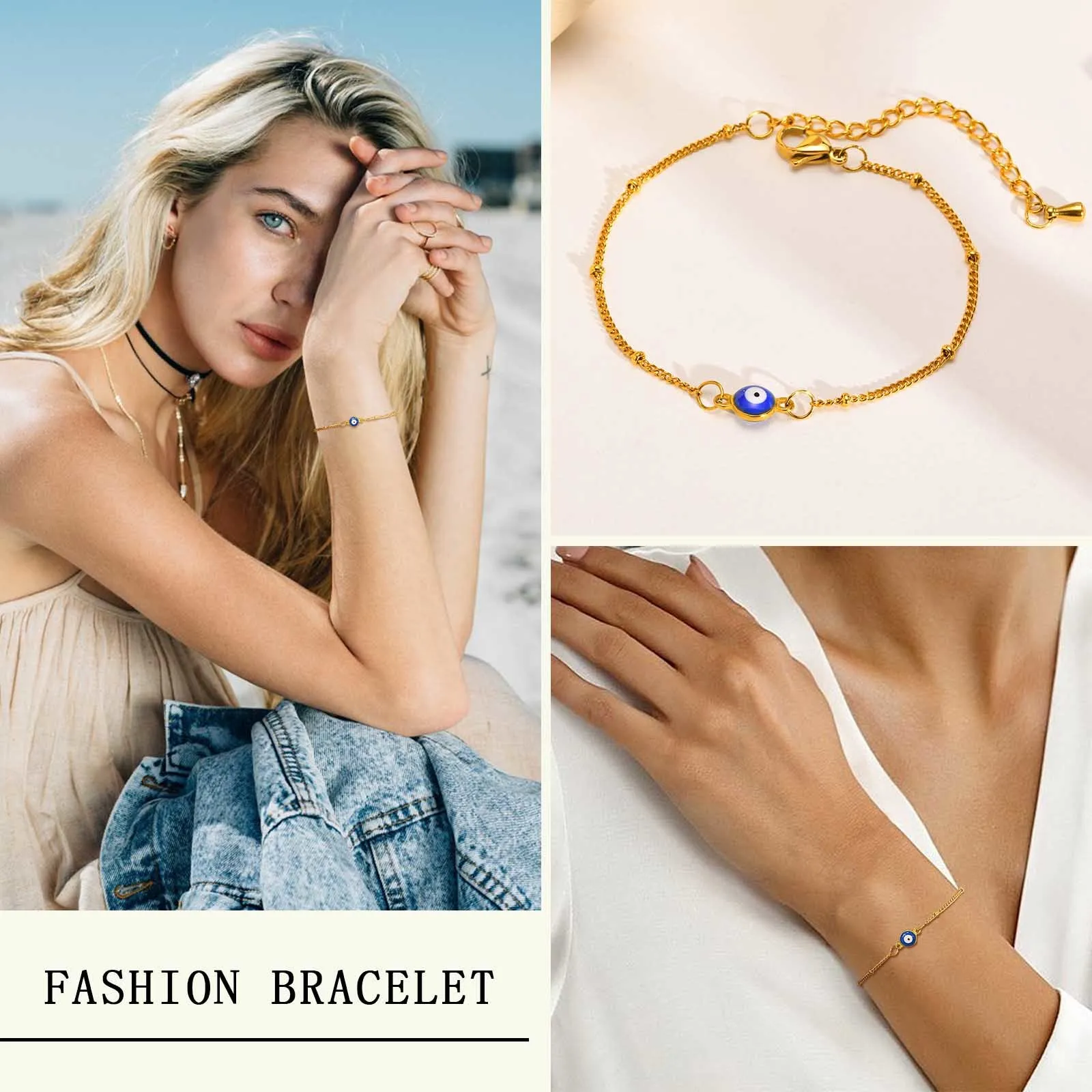 Vnox Evil Blue Eye Bracelets for Women, Gold Color Satellite Chain with Eye Charm Bracelet, Minimalist Jewelry image 4