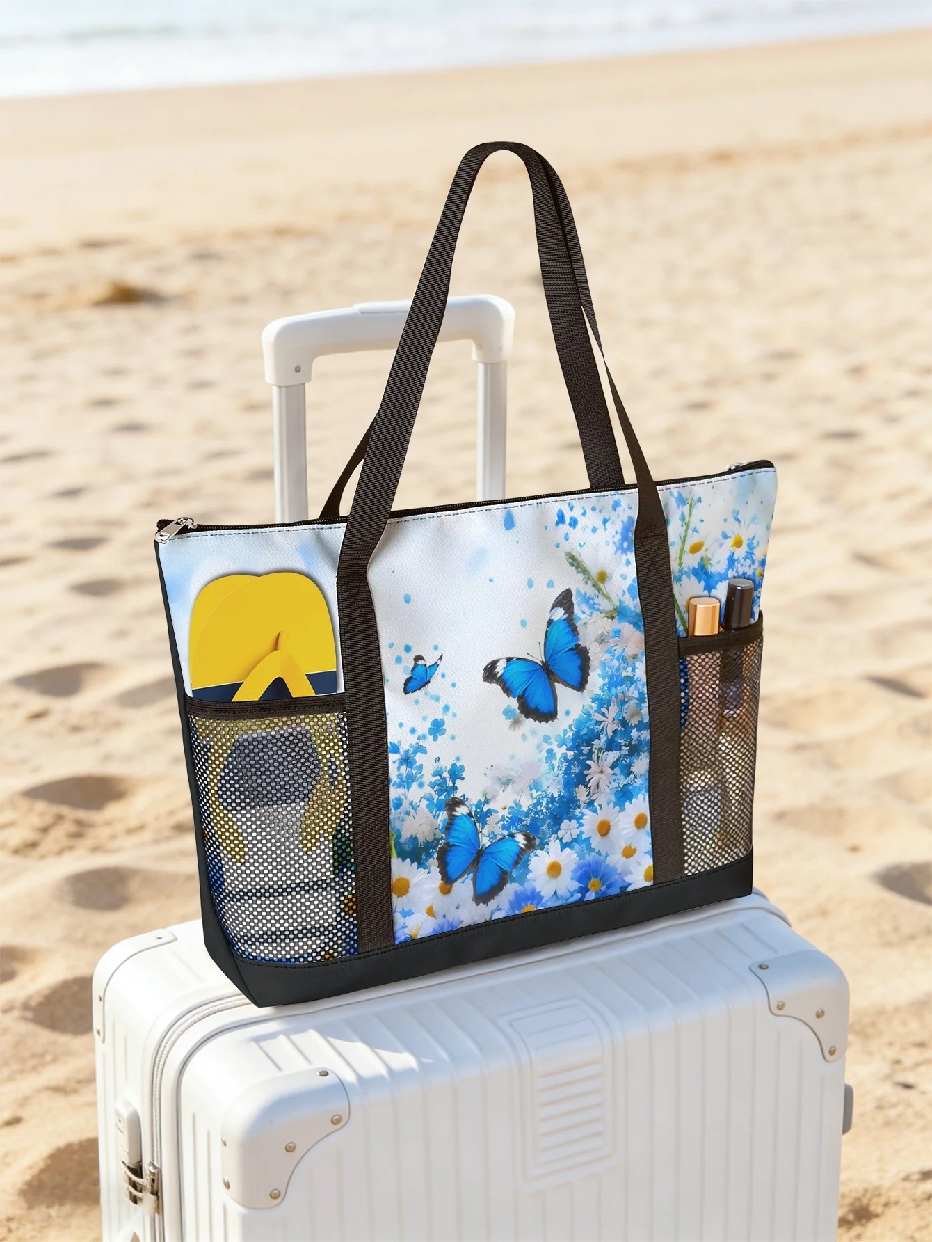 

Сумка с принтом бабочек, вместительная женская пляжная сумка, водонепроницаемая дорожная сумка через плечо с сетчатыми карманами