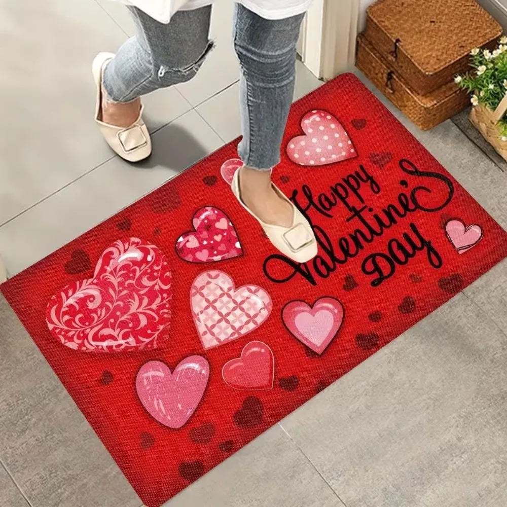 Weaving Texture Valentine Day Floor Mat Quick Dry Soft Romantic Heart Anti Slip Mat Convenient Beautiful Rose Door Mat