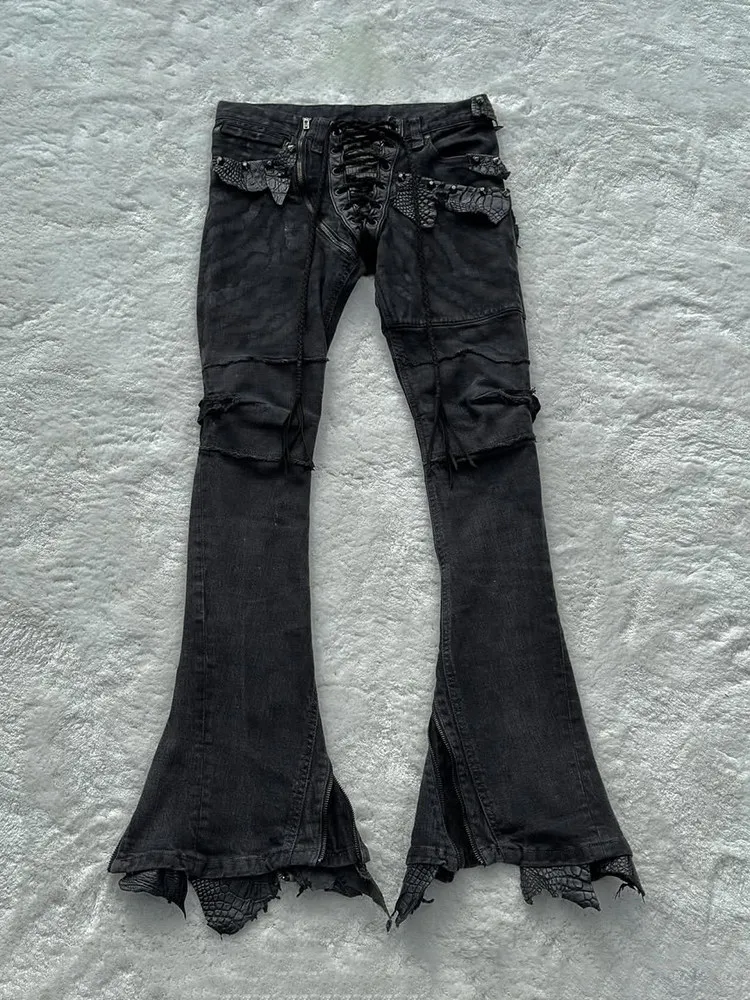 FANTASTION if6was9 Visual kei Cattlehide crocodile pattern patchwork jeans micro-flare pants adjustable zipper hems