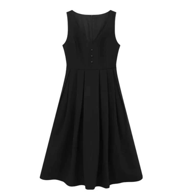 Elegant Black V-Neck Dress Women Lady Slim A-Line Sleeveless Midi Outfit Classic Waist-Shaping Design Chic Daily Fashion Wear