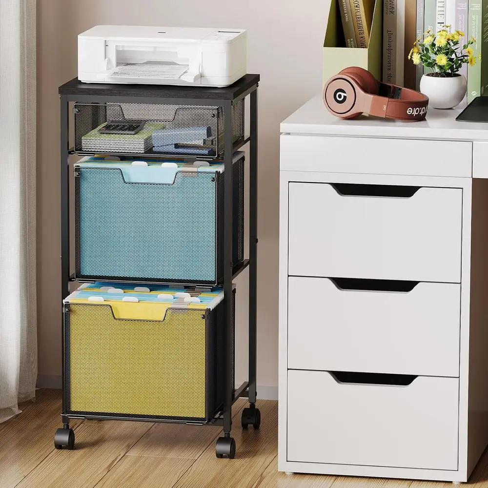 Black Rolling 3-Drawer File Cabinet for Home Office, Lockable, with Hanging Folders and Printer Stand