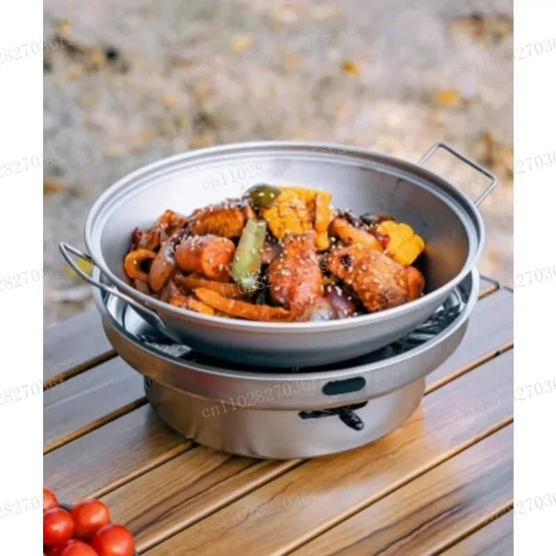 With Lid Double Handle Induction Cooker Outdoor Camping Alcohol Stove Dry Pot Titanium Wok Pan