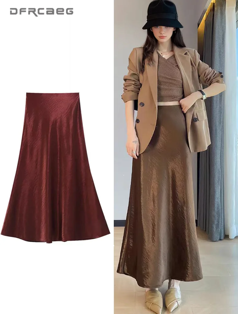 

Champagne Summer Trumpet Midi Skirt For Women High Waisted Casual Chic Bodycon Satin Long Skirts Lady