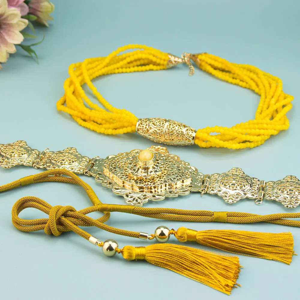 Neovisson Morocco Unique Yellow Jade Color Arabic Bride Jewelry Set Handmad Rope Belt Tassels Chain Long Beads Chain Necklace