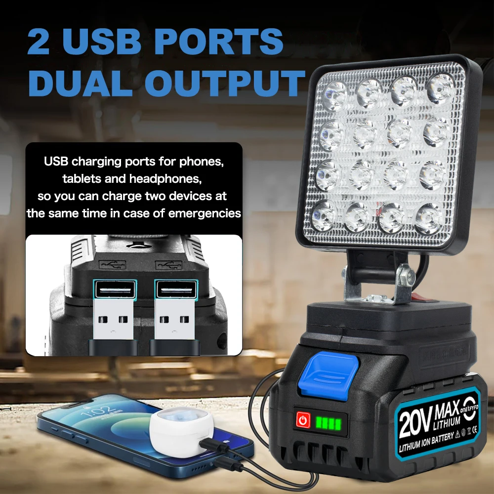 Cordless LED Work Light for 18V Lithium-Ion Battery Cordless Flood Light with 2 USB Charging Port for Outdoor Work Fishing