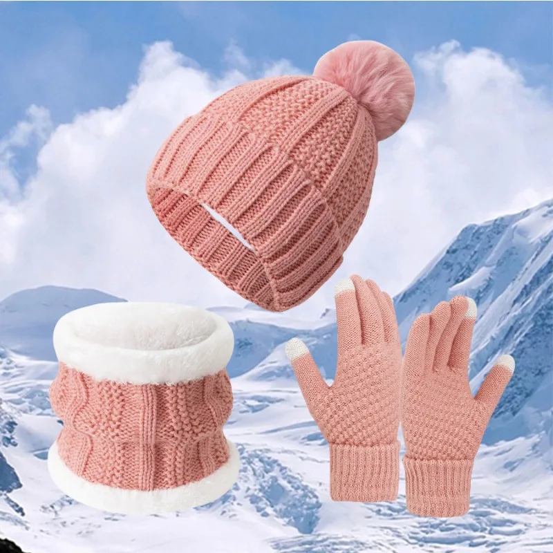 

3PC Winter Women Scarf Hat Gloves Set Fleece-Lined Thickened Thermal Cold-Proof Outdoor Sports Accessories Sweet Gift