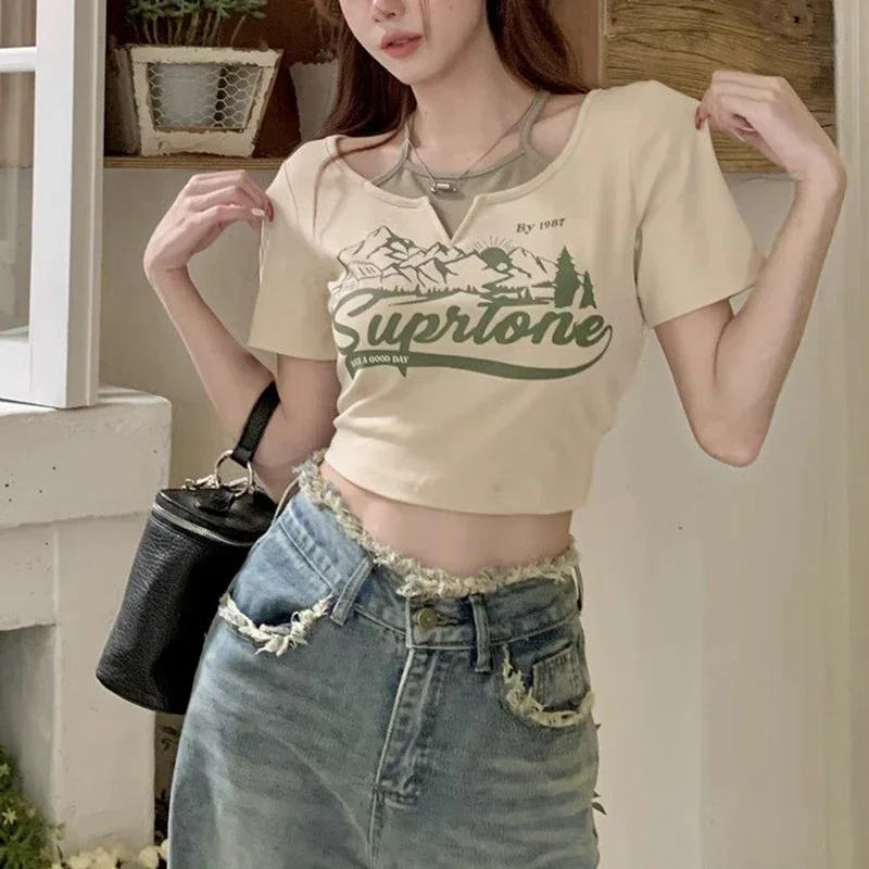 

Летние женские футболки Ретро дизайнерские футболки для девочек Короткие топы с буквенным принтом Женская модная лоскутная облегающая одежда