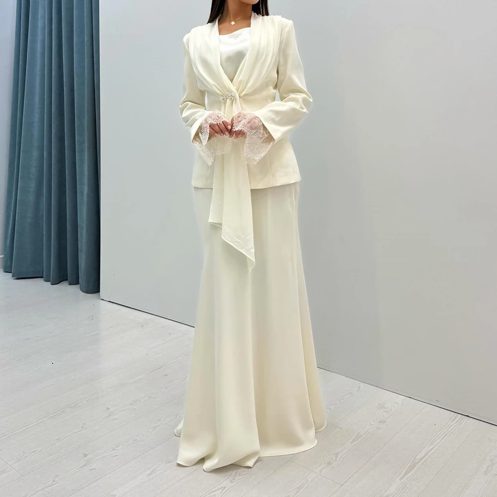 

Customized A-line Evening Dresses Floor-length Square Collar Full Sleeve Prom Gown Fsahion Lace Simple Draped Casual Party Gown