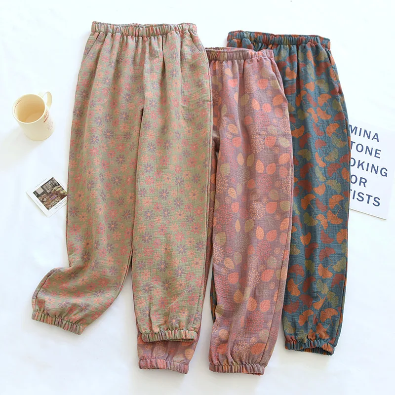 Women Sleep Bottoms Pajama Pants Soft Cotton Gauze Retro Yarn-dyed Jacquard Lounge Trousers Elastic Waist Thin Home Nightwear