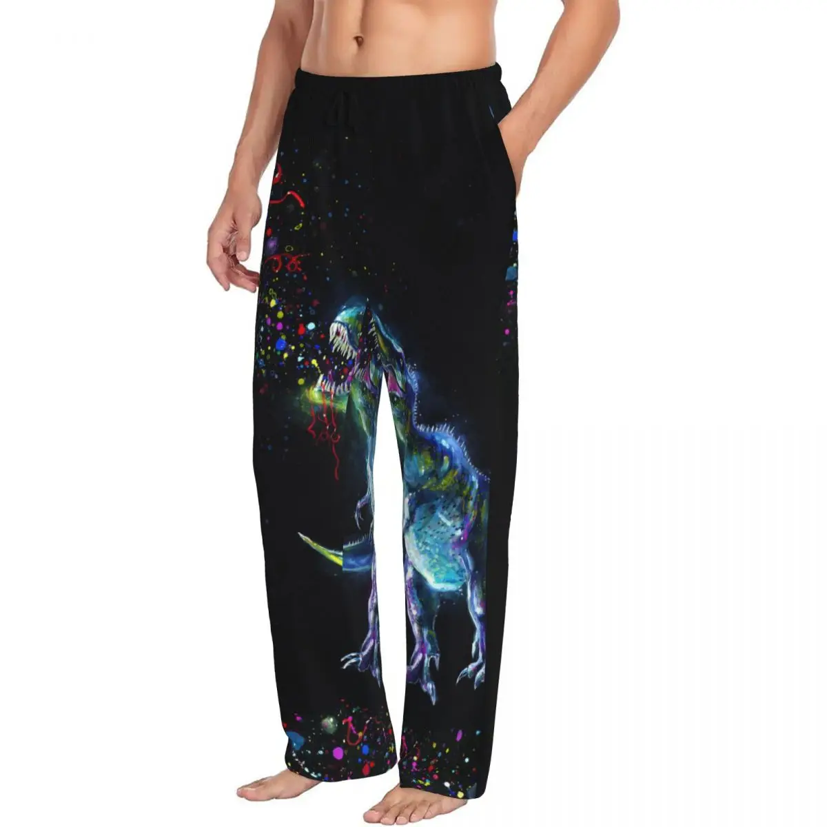 Mens Pajamas Pyjamas Pants Glowing Tyrannosaurus Rex Emitting Rainbow Party Sparkles In Space Lounge Pants Sleep Bottoms