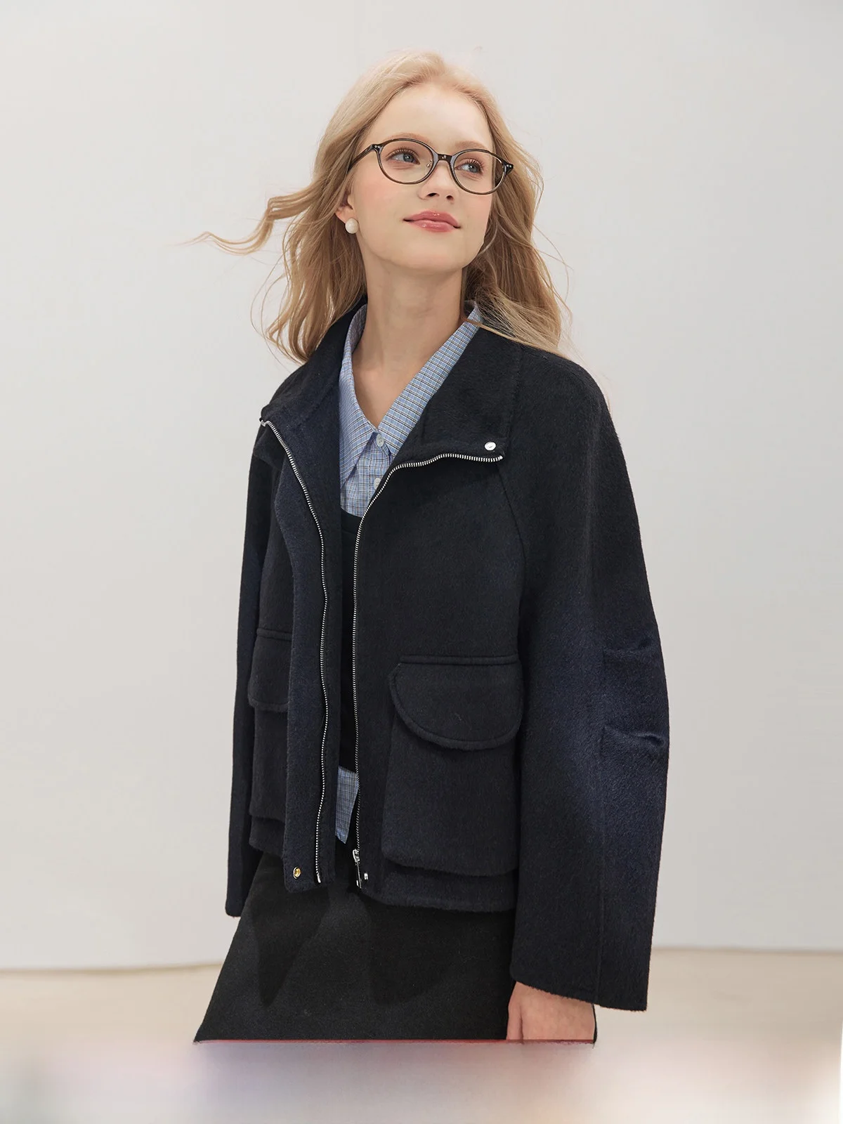 

Double-Sided Camere Zipper Woolen Coat Women's Faionable Warmth High-End Feel Winter New Arrival Bla Outerwear