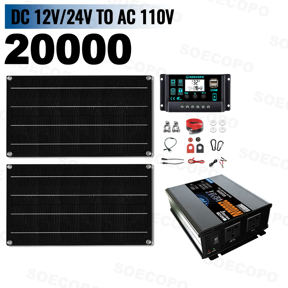 SOECOPO 20000W Complete Zonnestelsel Kit 2*800W Fotovoltaïsche Panelen 12V 24V Naar 220V/110V Omvormer 100A Controller voor Camping - afbeelding 1