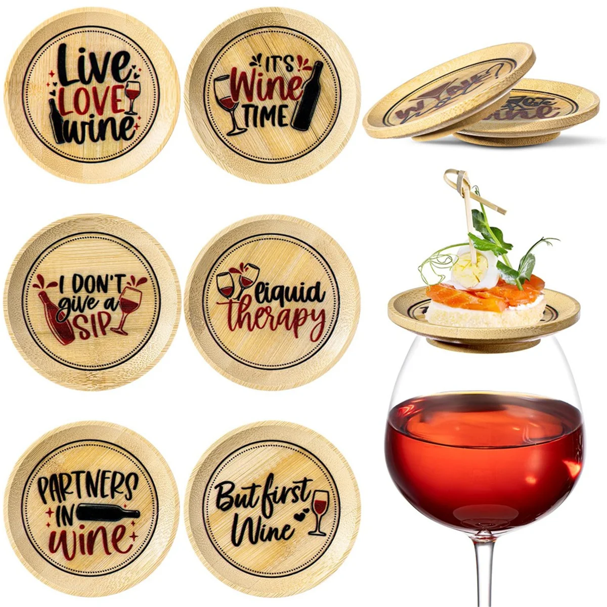 U-VBN-8 Pcs Wine Glass Charcuterie Topper Wine Glass Covers Bamboo Wine Glass Topper Coasters Plate Wine Glass Charcuterie