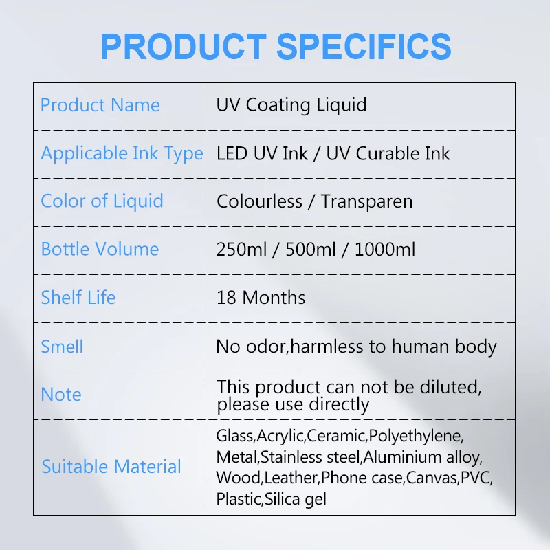 UV Coating Fluid For UV Ink UV Pretreatment Solution For UV Flatbed Printer For Glass Wood Metal Crystal Leather Ceramic PVC