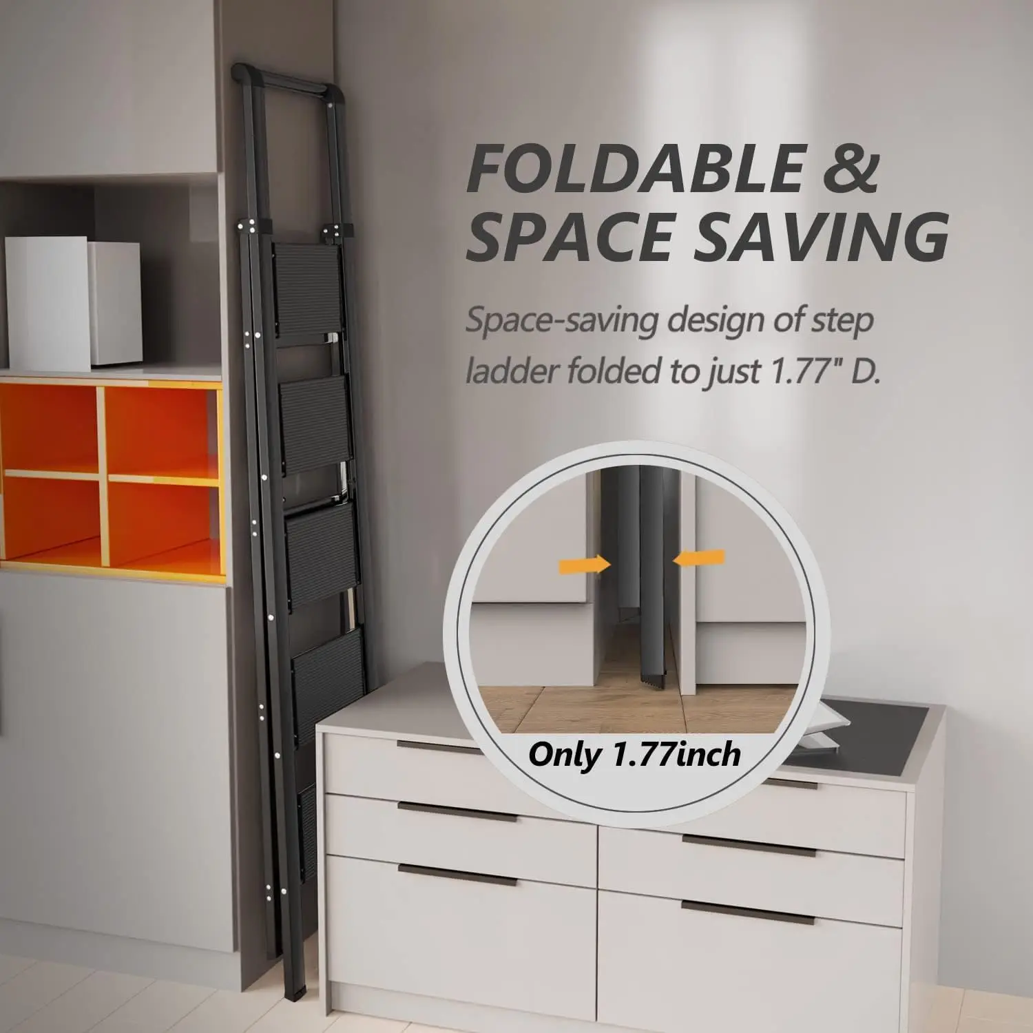 Escada preta dobrável leve com antiderrapante largo resistente Step Stool, 5 Step, 10 pés de teto alto