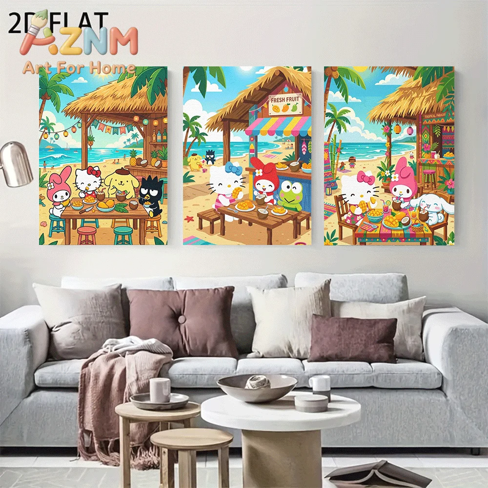 AZNM Sanrio Hello Kitty Beach Fruit Stall Canvas Wall Art Unframed Cute Cartoon Tropical Seaside Painting  Room Home Wall Decor