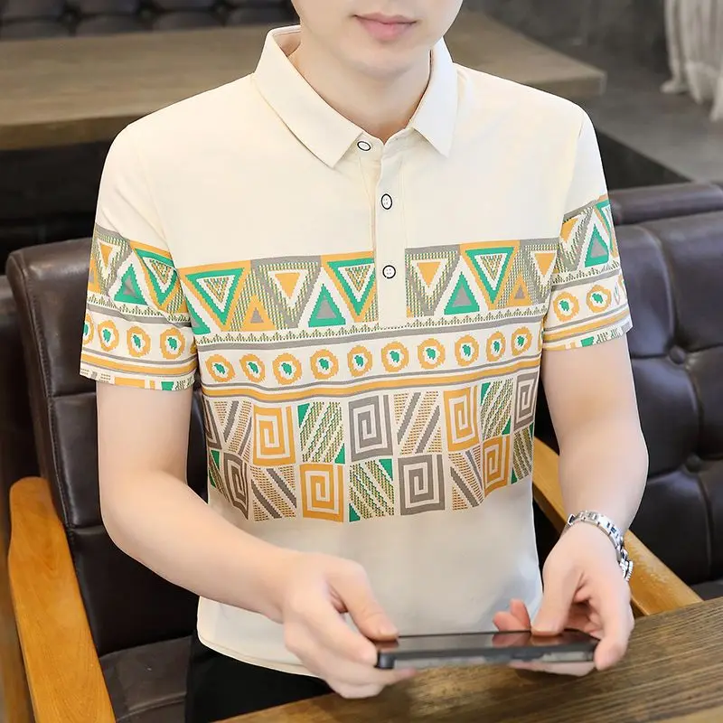 Men's Clothing Turn-down Collar Summer Pullover Geometric Short Sleeve Contrast Color Button Polo T-shirt Boyfriend Casual Tops