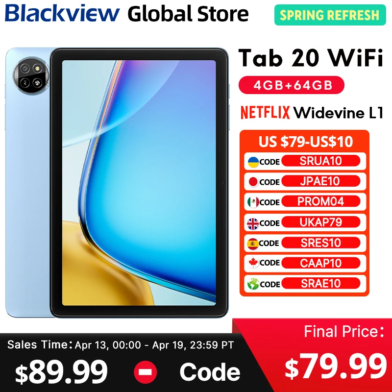 

Планшет Blackview Tab 20 WIFI, 10.1'' HD+ IPS дисплей, Widevine L1, 4 ГБ ОЗУ, 64 ГБ ПЗУ, Unisoc T310, Android 15, 6600 мАч, 8 МП камера, планшетный ПК