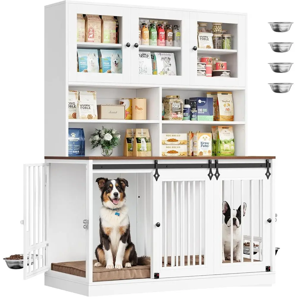 

Extra Large Dog Crate Furniture with Storage, 55 Wide Kennel Hutch, XL Dual Dog Cage with Feeding Bowls, Heavy-Duty Indoor Dog C