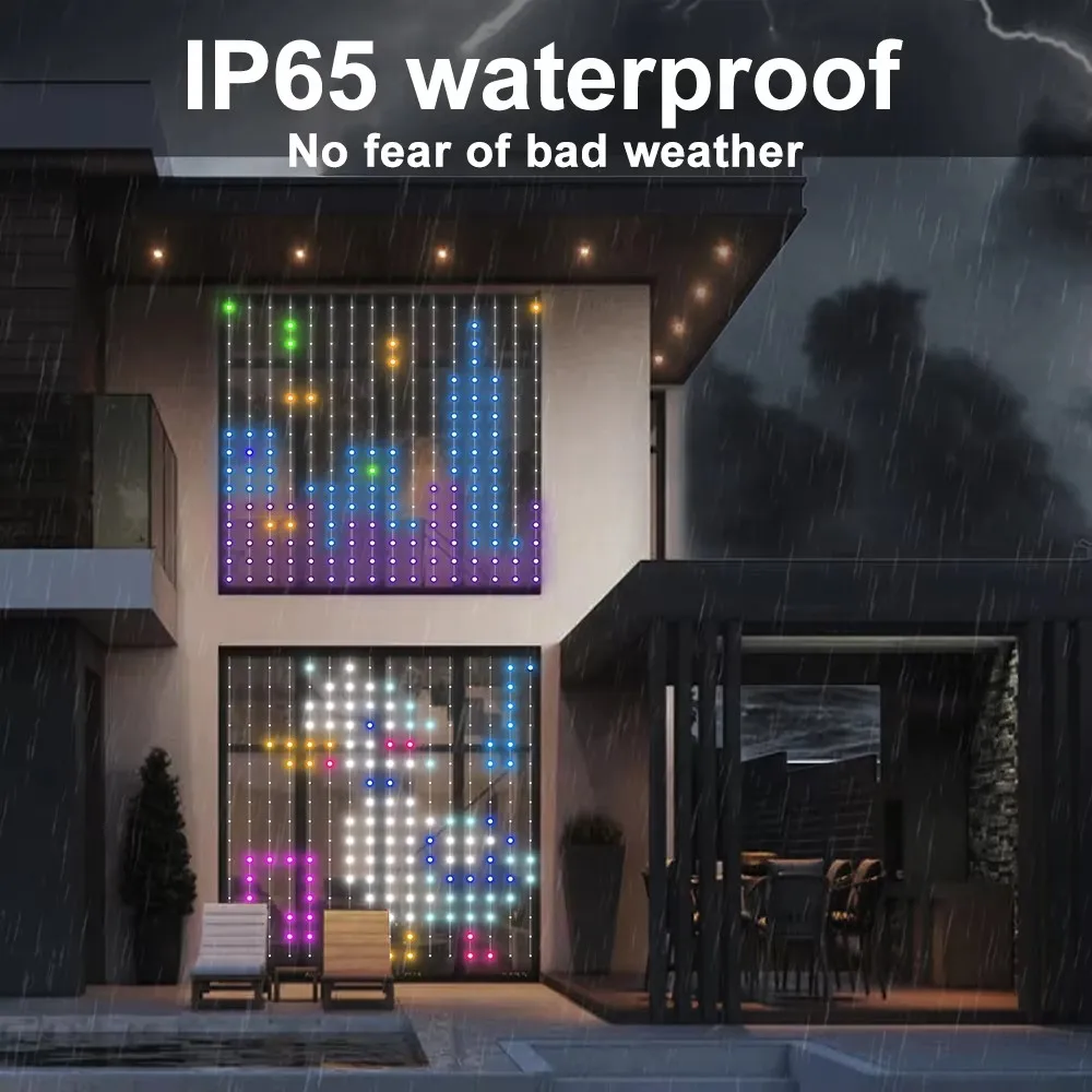 Smart RGB Curtain Lights String LED Color Changing Fairy Curtain Lights Outdoor with Remote App Control for Bedroom Living Room