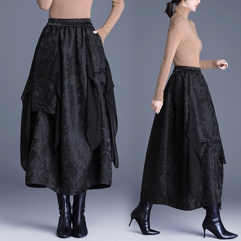 

Новая китайская рельефная юбка с вышивкой, женская модная асимметричная юбка-миди из тюля с цветочным бутоном, эластичная юбка с высокой талией и...
