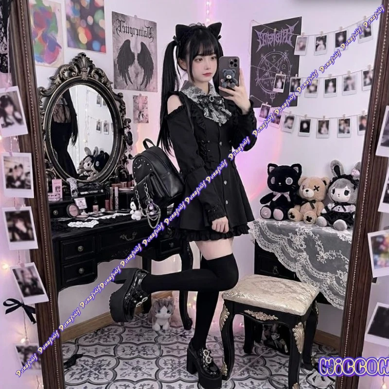 

Japanese Gothic Style Rhinestone Bow Dress Jirai kei Lace Off Shoulder Long Sleeve Slim Shirts Dresses Lolita Y2k Outfits