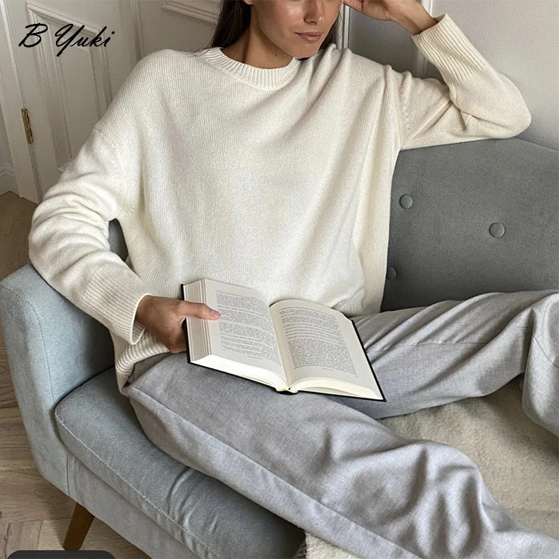 Blessyuki Basic Cashmere Knitted Sweaters Women 2023 Autumn Winter Loose O-neck Simple Pullover Female Casual Solid Soft Jumper