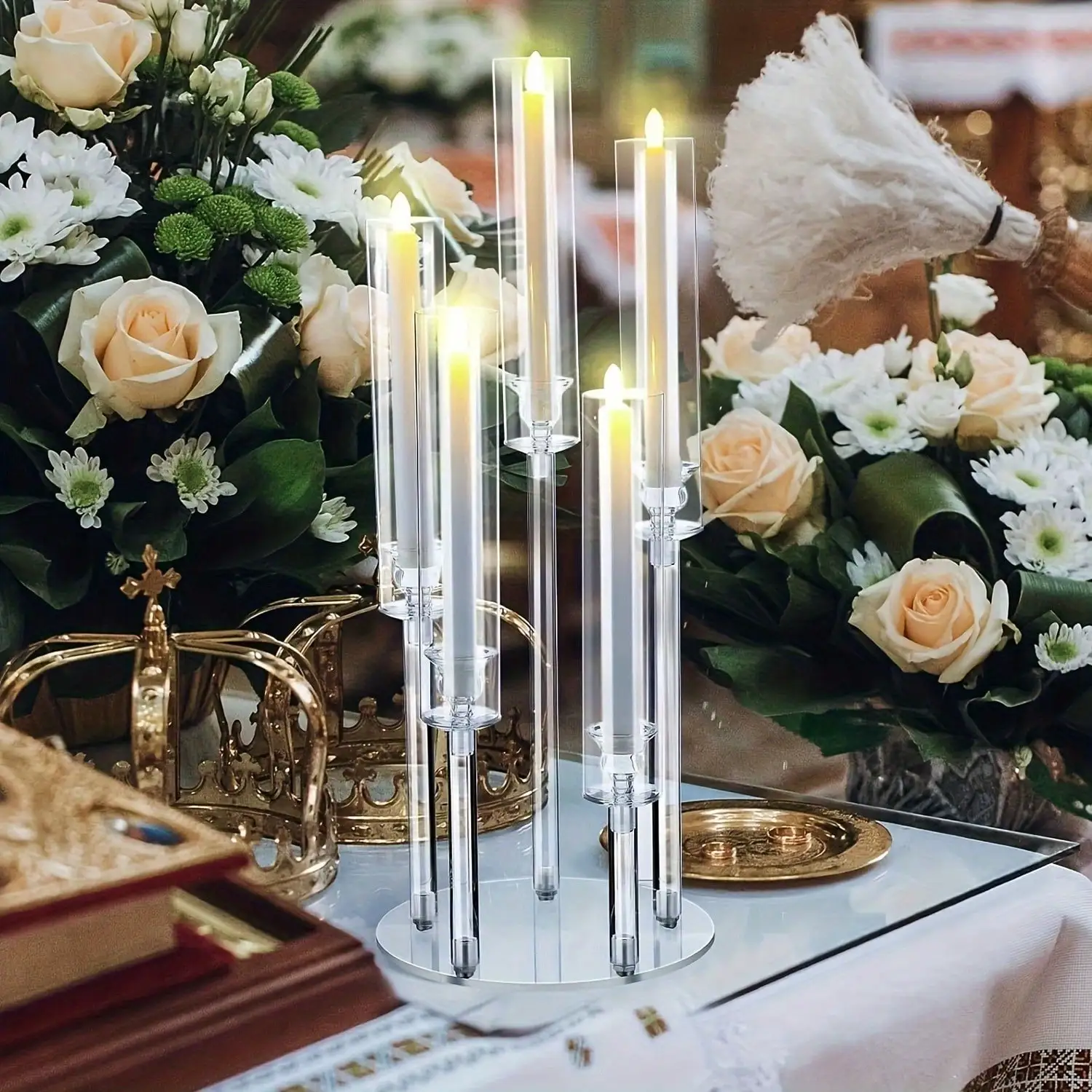 

Gorgeous 5-Arm Acrylic Candelabra - Perfect for Weddings, Birthdays, and Home Decor, Centerpieces for Wedding, Pillar Taper