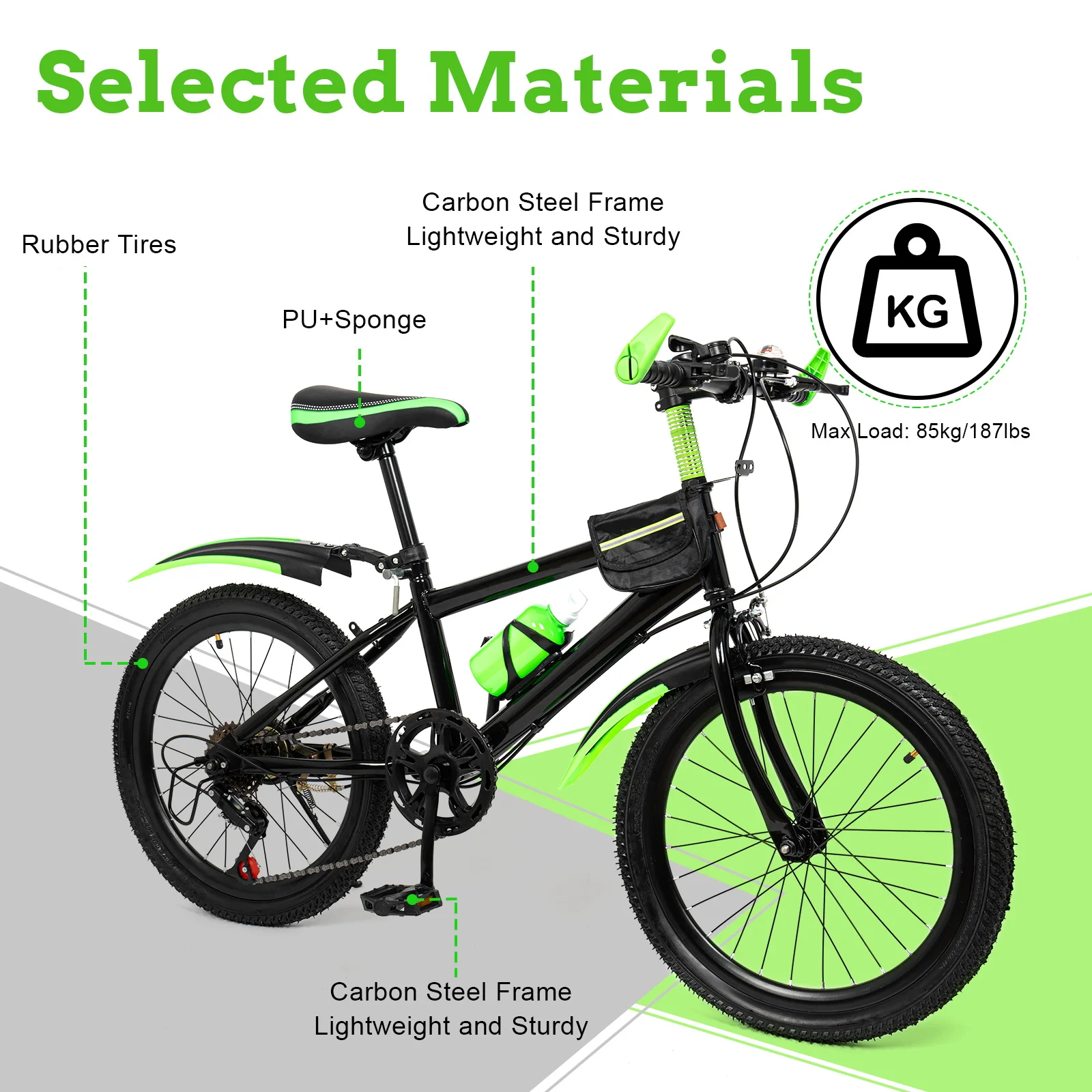 Bicicleta de Montaña de acero al carbono de 20 pulgadas con sistema de frenos Bicicleta de montaña premium con portavasos y guardabarros para niños