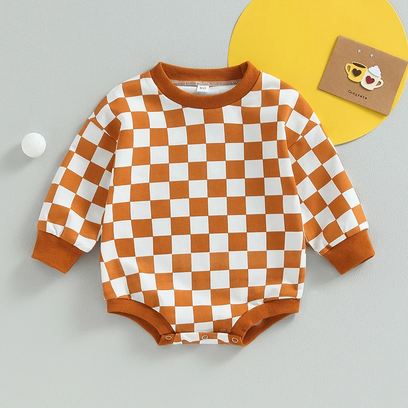 Baby Boy Girl Checkered Sweatshirt Bodysuits Oversized Long Sleeve Bubble Romper Jumpsuits Tops Neutral Baby Fall Clothes