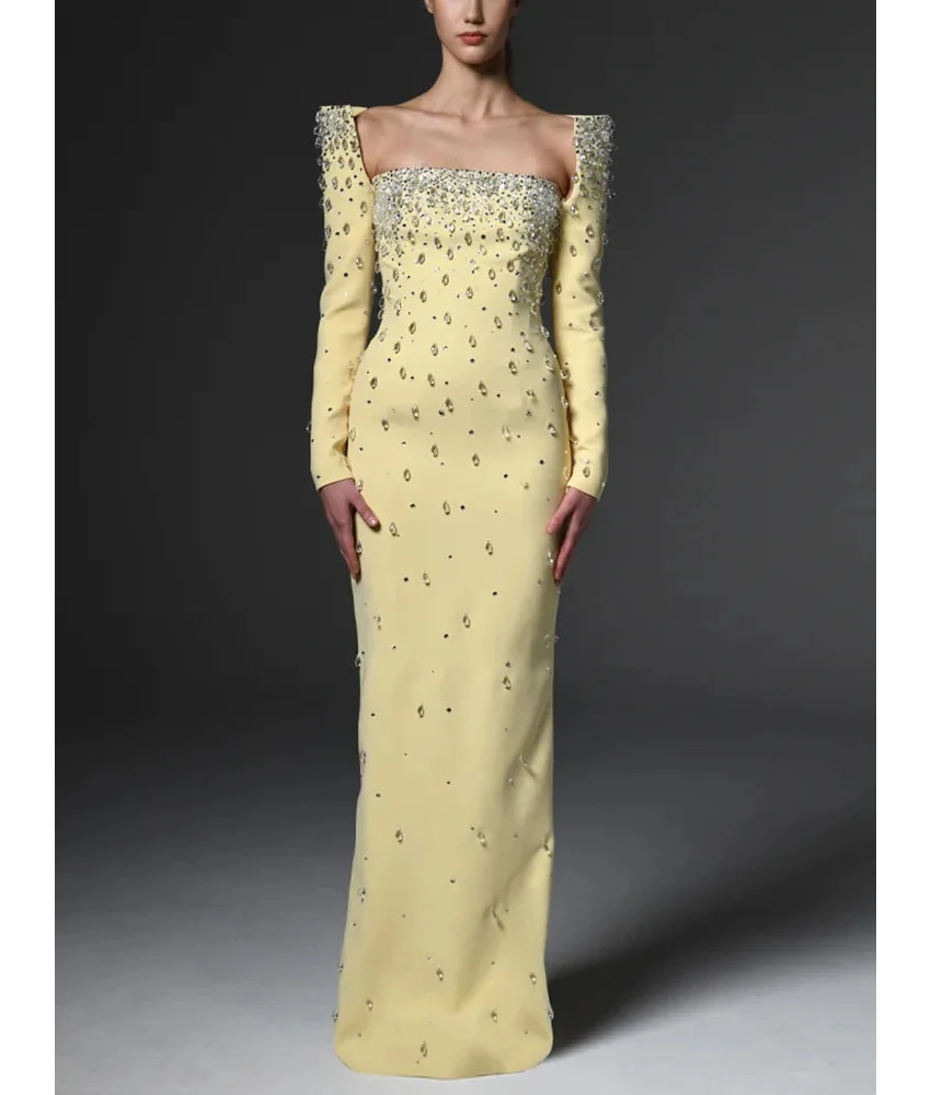 

Изысканное вечернее платье MCDV из кристаллов и джерси, прямого кроя, с квадратным вырезом, длинными рукавами, в пол, для торжественных мероприятий